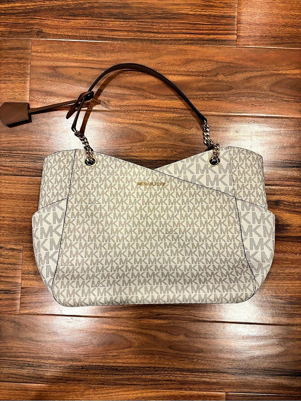 Michael Kors Voyager Large Signature Logo Tote Bag Brown & White